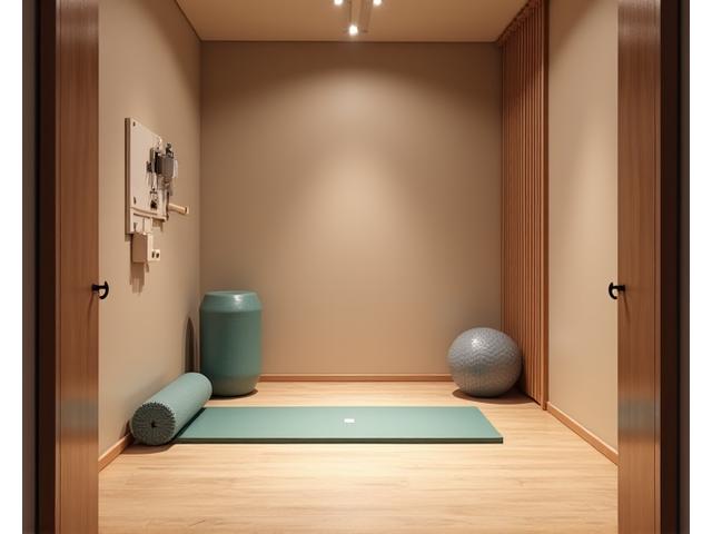 一対一の指導に最適な、プライベートなパーソナルトレーニングルーム。落ち着いた内装。
